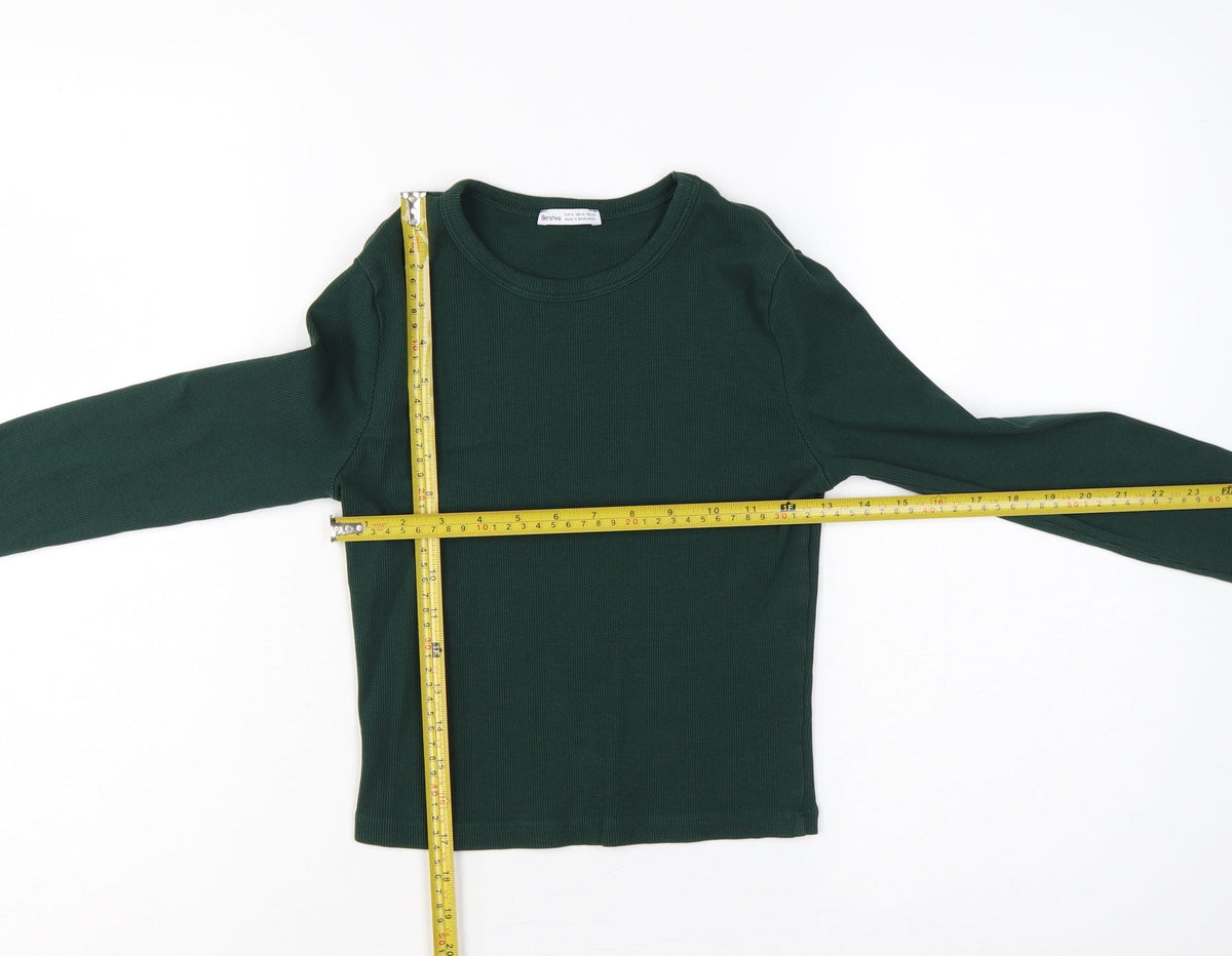 Bershka Women Green M Rib Knit Slim Fit Long Sleeve Basic T-Shirt