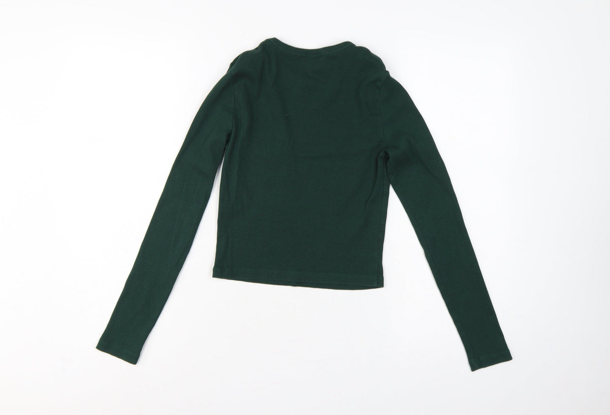 Bershka Women Green M Rib Knit Slim Fit Long Sleeve Basic T-Shirt