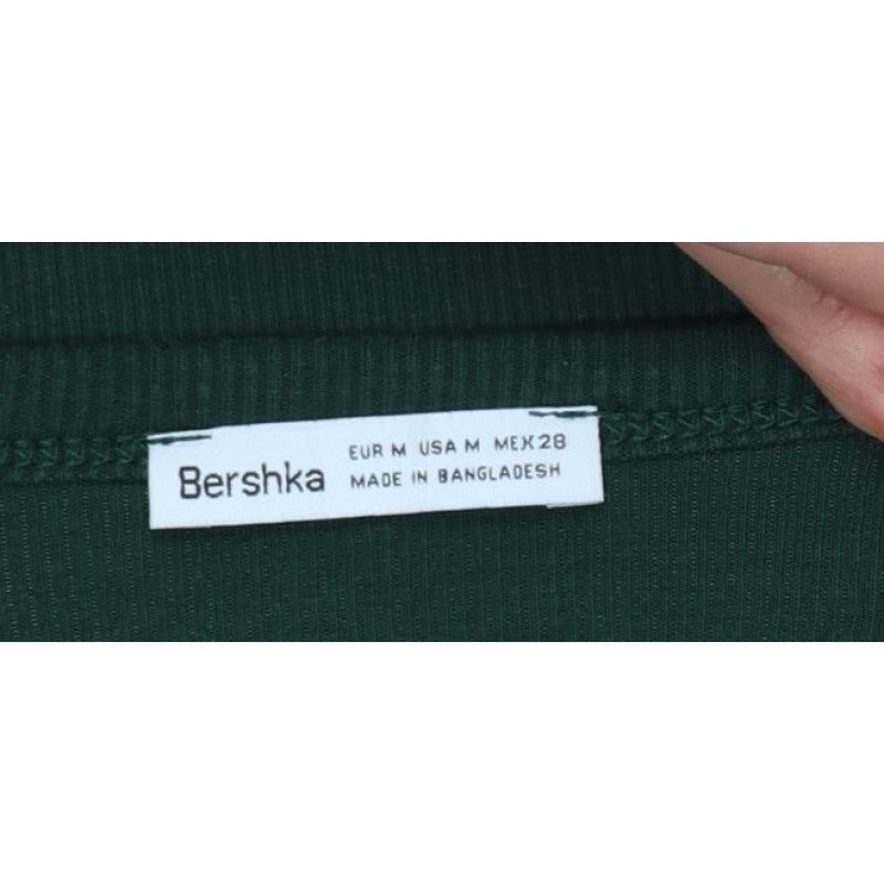 Bershka Women Green M Rib Knit Slim Fit Long Sleeve Basic T-Shirt