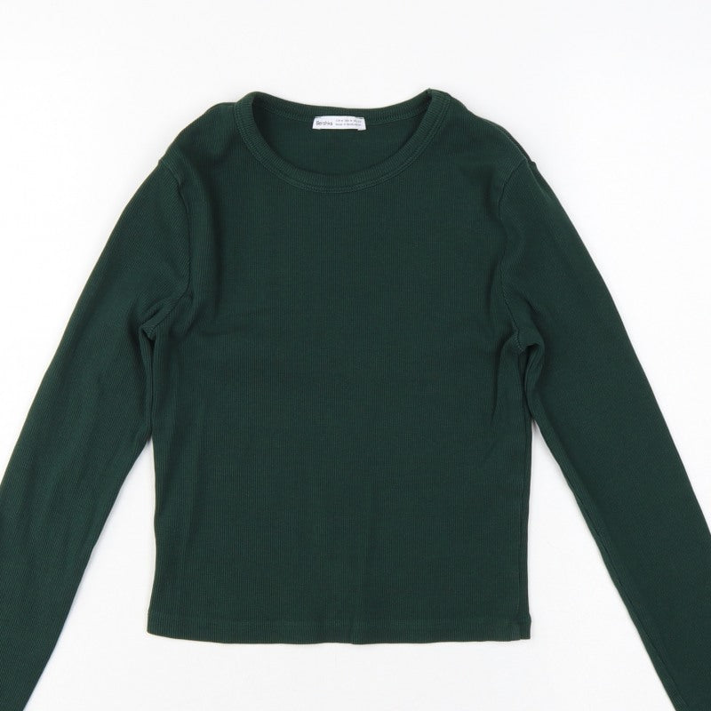 Bershka Women Green M Rib Knit Slim Fit Long Sleeve Basic T-Shirt