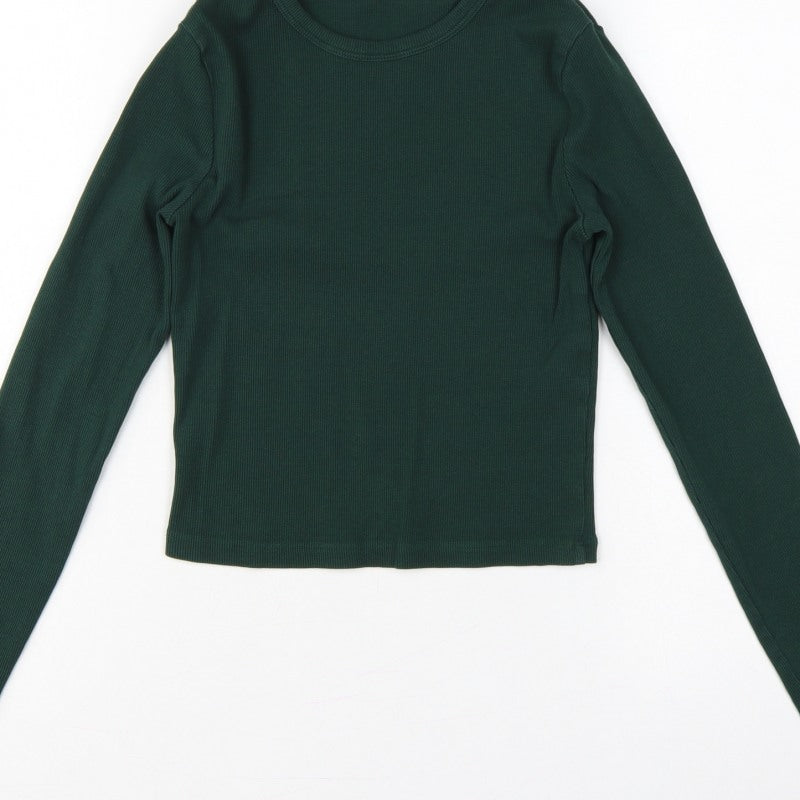 Bershka Women Green M Rib Knit Slim Fit Long Sleeve Basic T-Shirt
