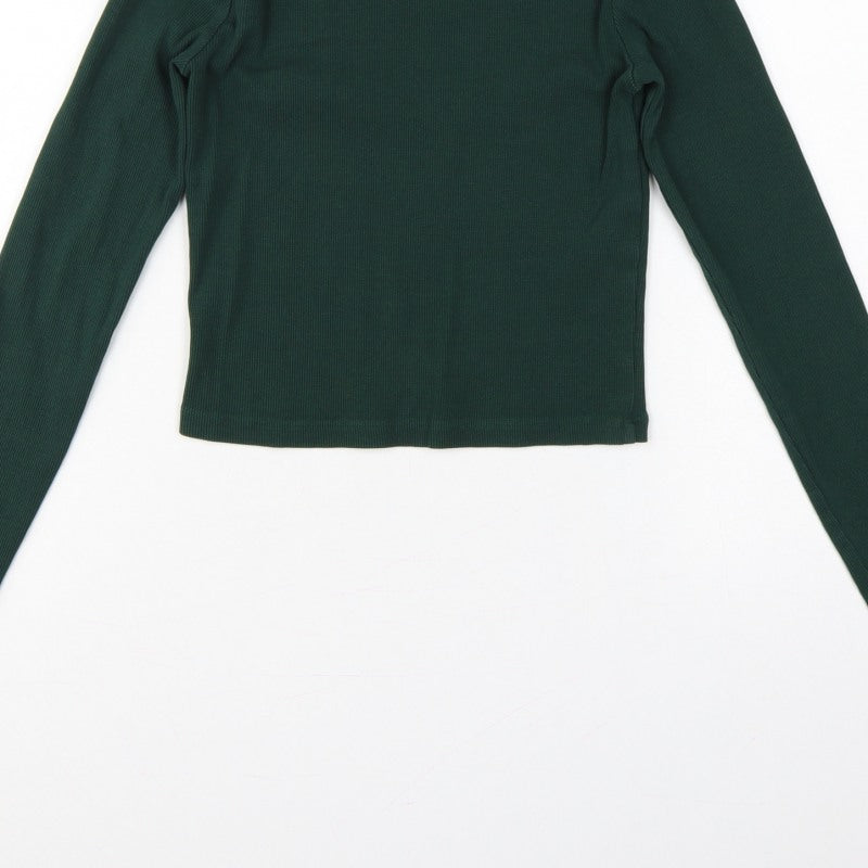 Bershka Women Green M Rib Knit Slim Fit Long Sleeve Basic T-Shirt