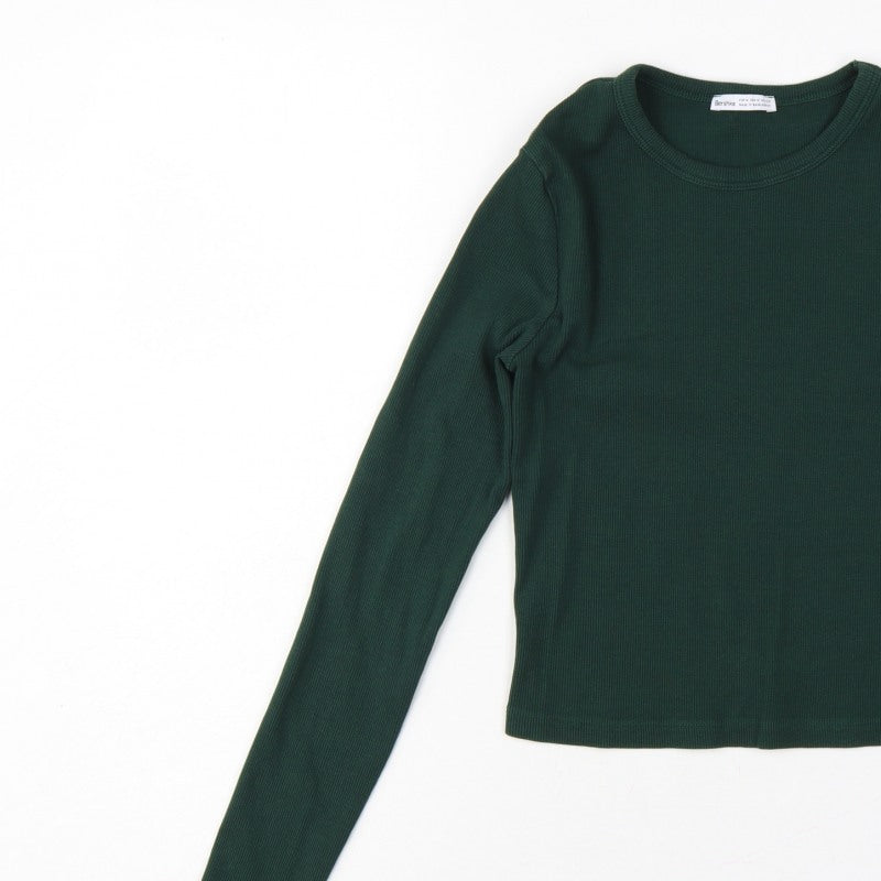 Bershka Women Green M Rib Knit Slim Fit Long Sleeve Basic T-Shirt