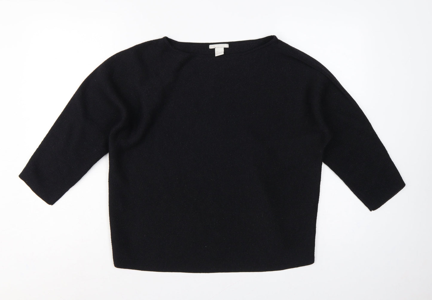 H&M Women Black L Relaxed Crew Neck 3/4 Sleeve Knit Jumper