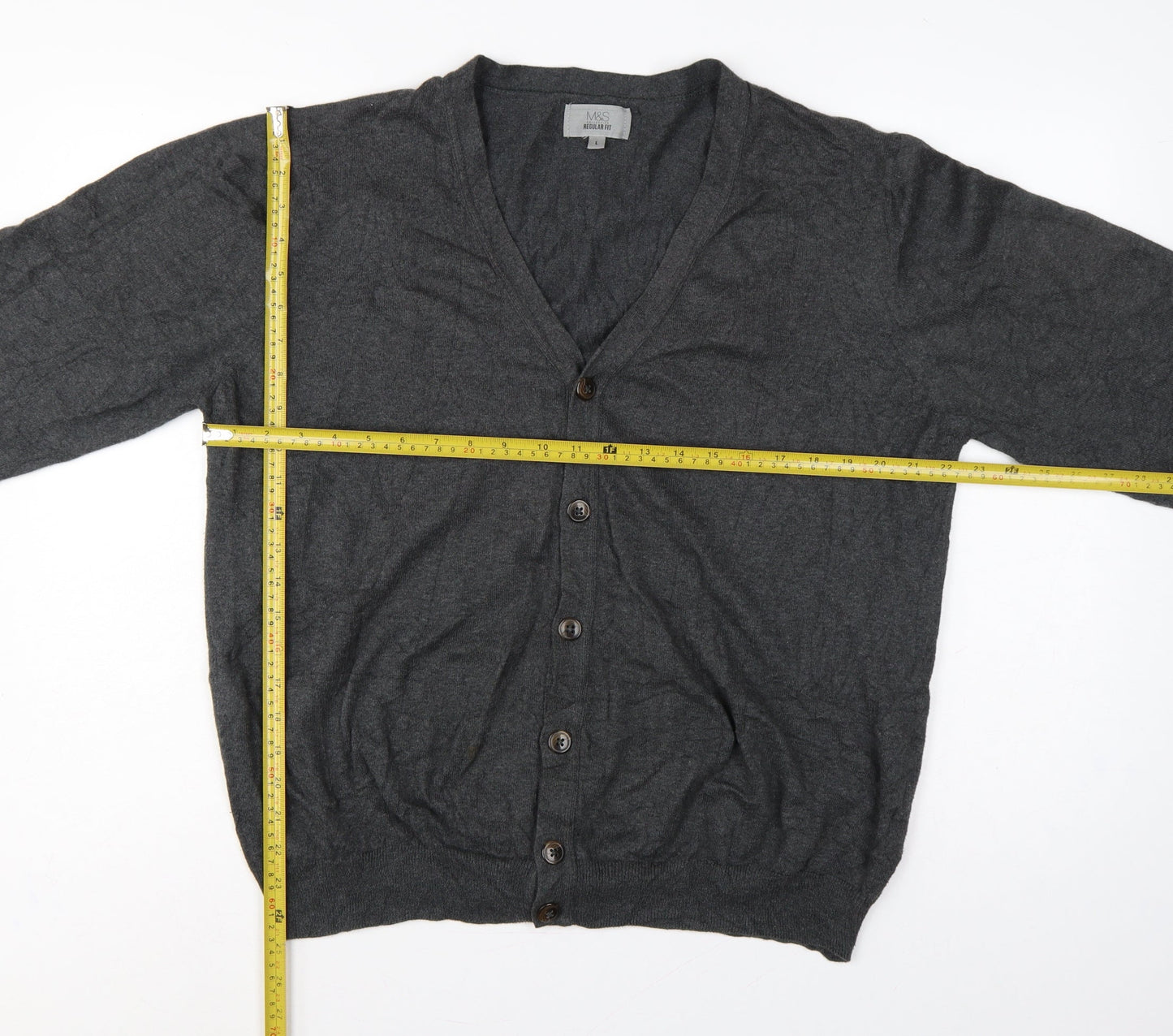 Marks and Spencer Men Grey L Regular Fit Cotton V-Neck Cardigan