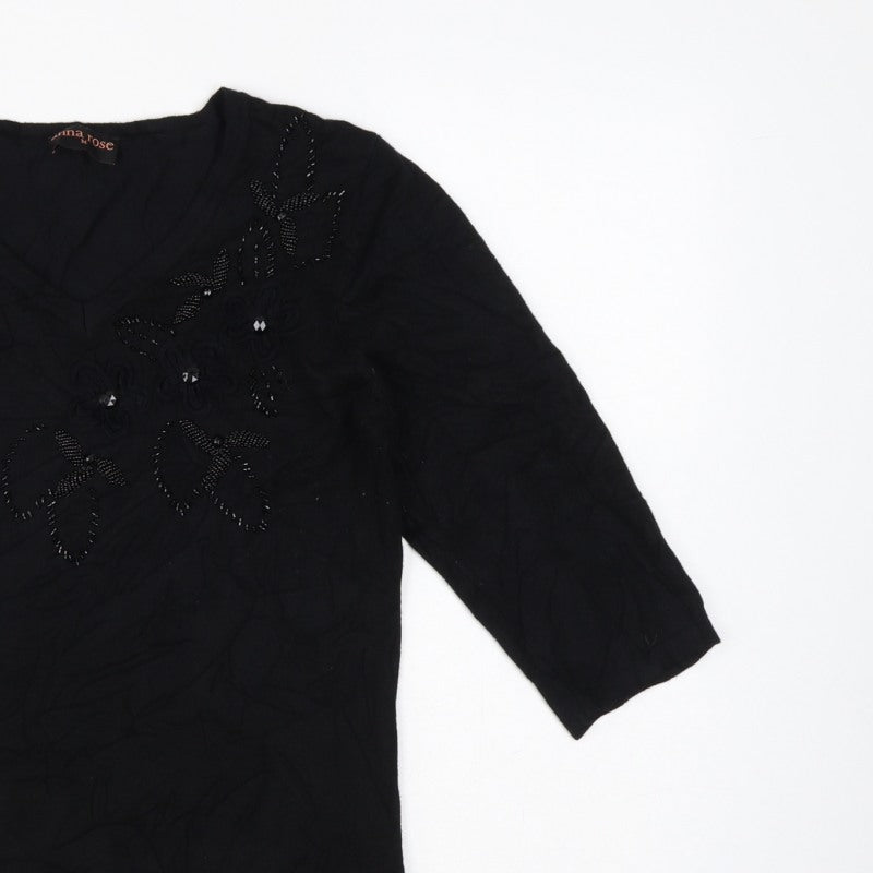 Anna Rose Women’s Black M Floral Beaded Embroidered V-Neck Jumper