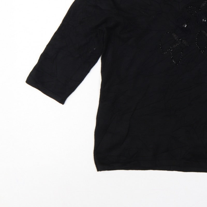 Anna Rose Women’s Black M Floral Beaded Embroidered V-Neck Jumper
