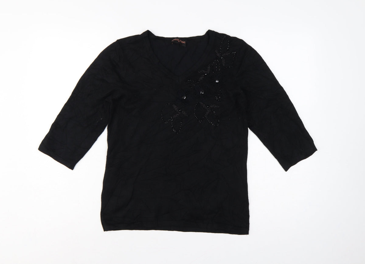 Anna Rose Women’s Black M Floral Beaded Embroidered V-Neck Jumper