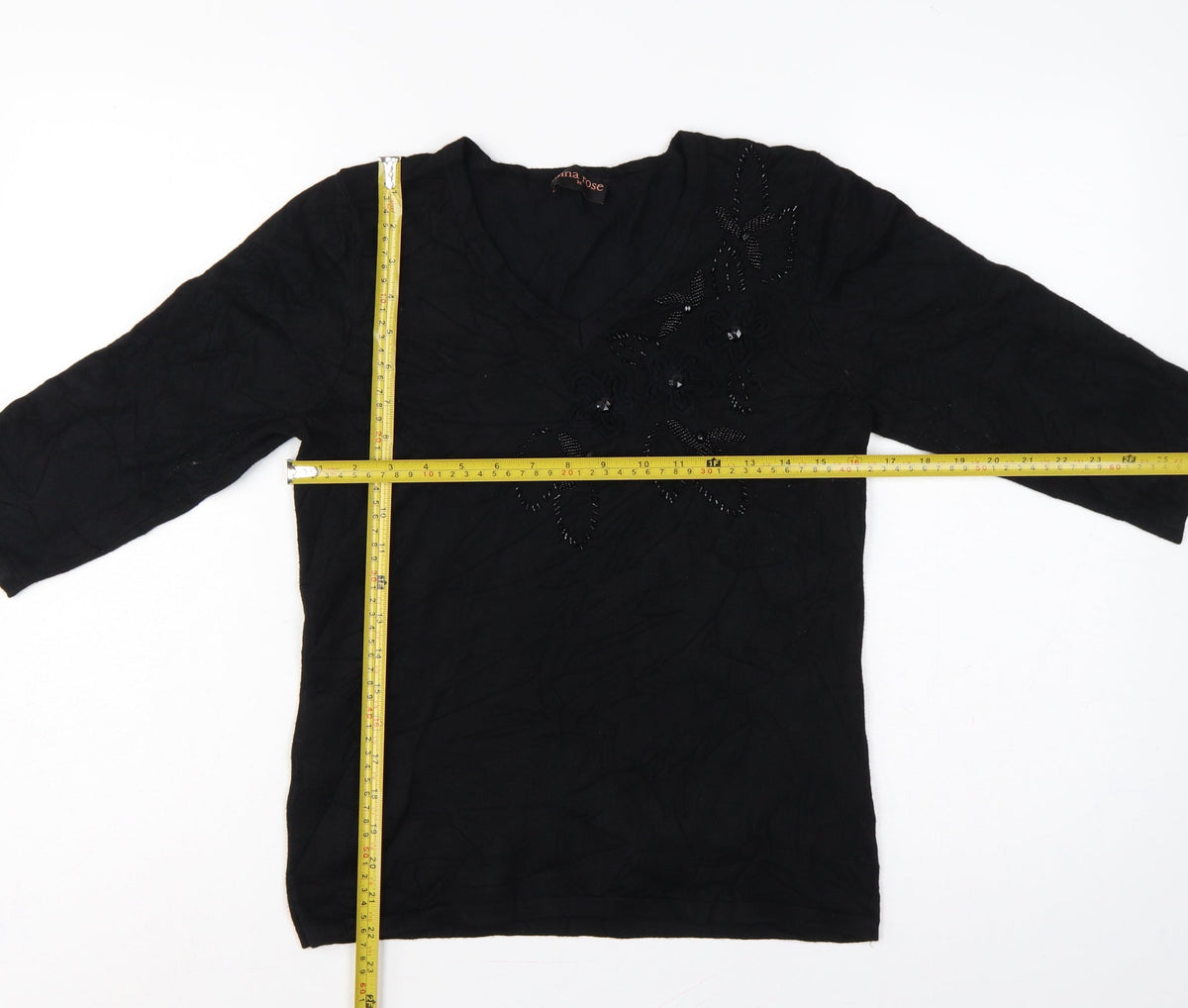 Anna Rose Women’s Black M Floral Beaded Embroidered V-Neck Jumper