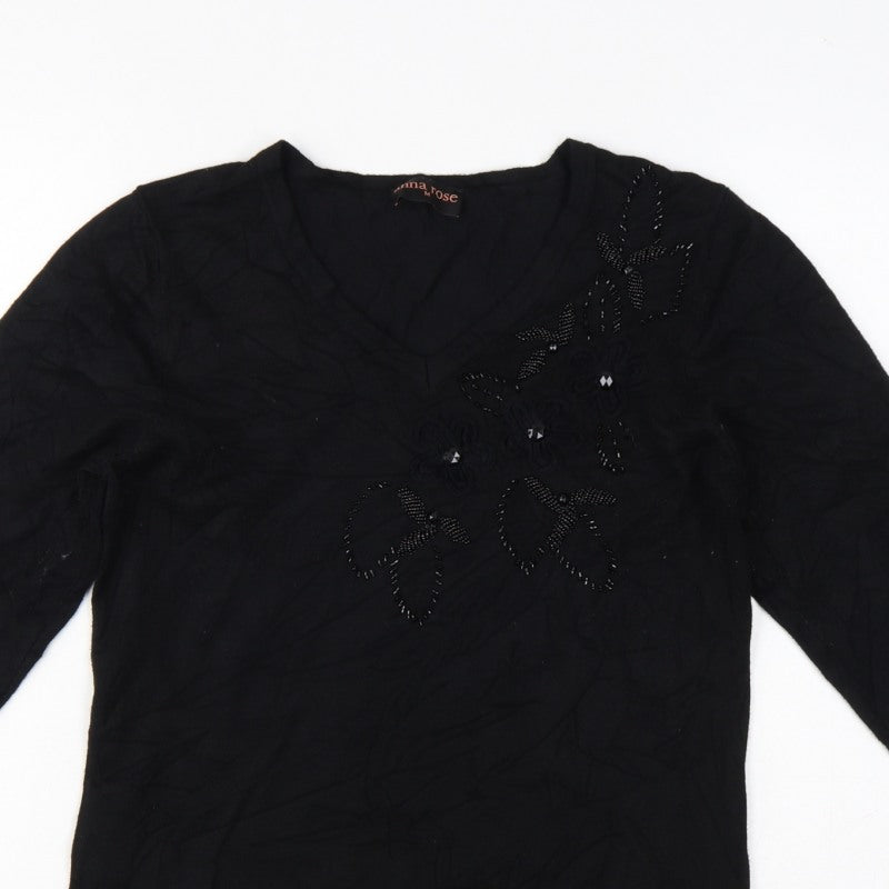 Anna Rose Women’s Black M Floral Beaded Embroidered V-Neck Jumper