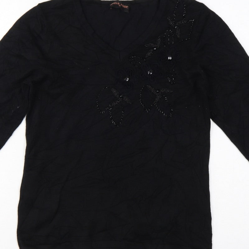 Anna Rose Women’s Black M Floral Beaded Embroidered V-Neck Jumper