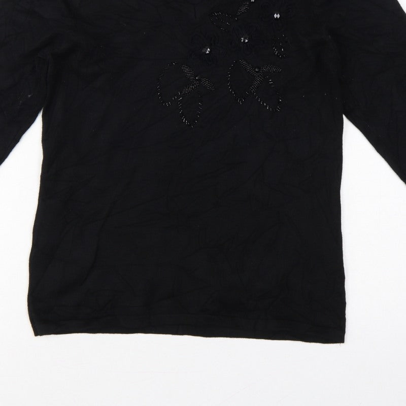 Anna Rose Women’s Black M Floral Beaded Embroidered V-Neck Jumper