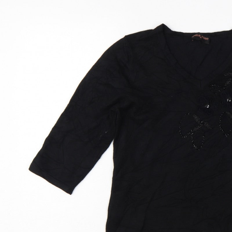 Anna Rose Women’s Black M Floral Beaded Embroidered V-Neck Jumper