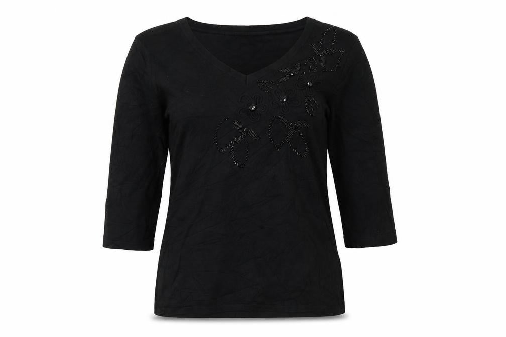 Anna Rose Women’s Black M Floral Beaded Embroidered V-Neck Jumper