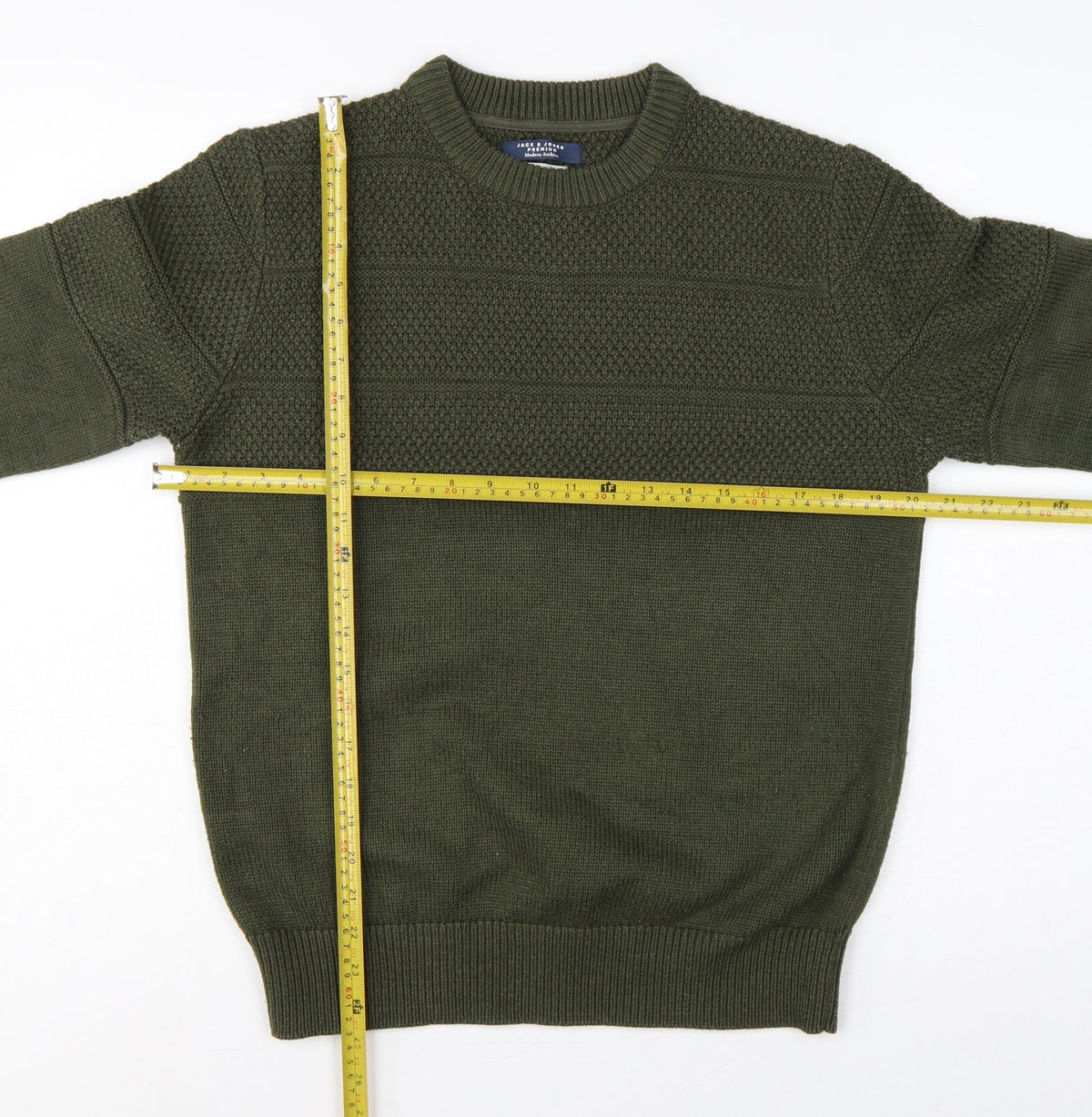 Close-up detail of Jack & Jones Premium Men’s Green M Fisherman Knit Crew Neck Jumper