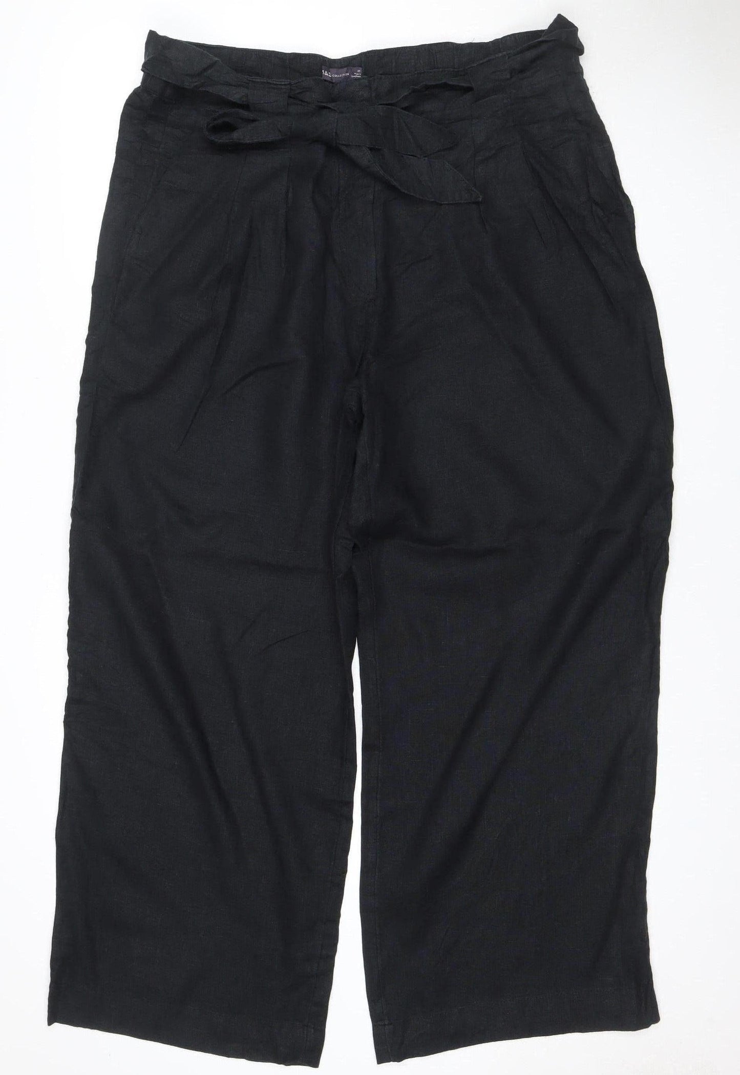 Marks & Spencer Women Black UK 18 Linen Cotton Wide-Leg Trousers