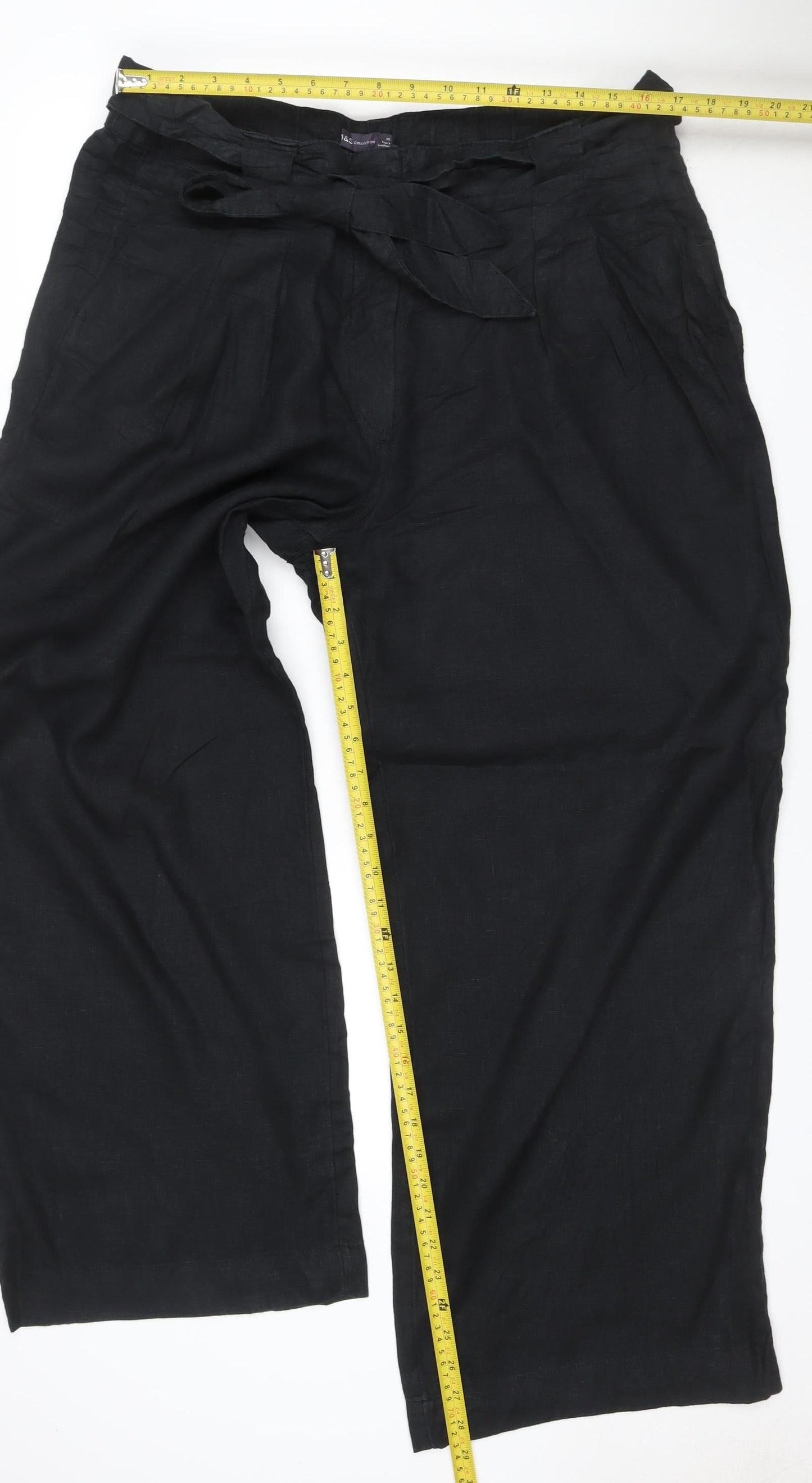 Marks & Spencer Women Black UK 18 Linen Cotton Wide-Leg Trousers