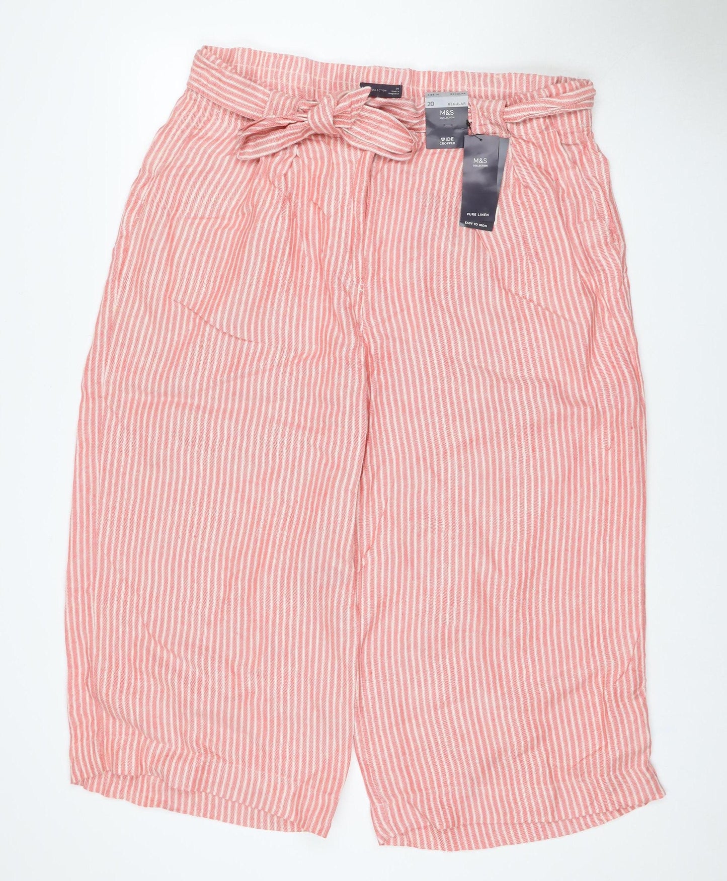 Marks and Spencer Women's Pink Stripe Size 20 Wide Leg Linen Trousers