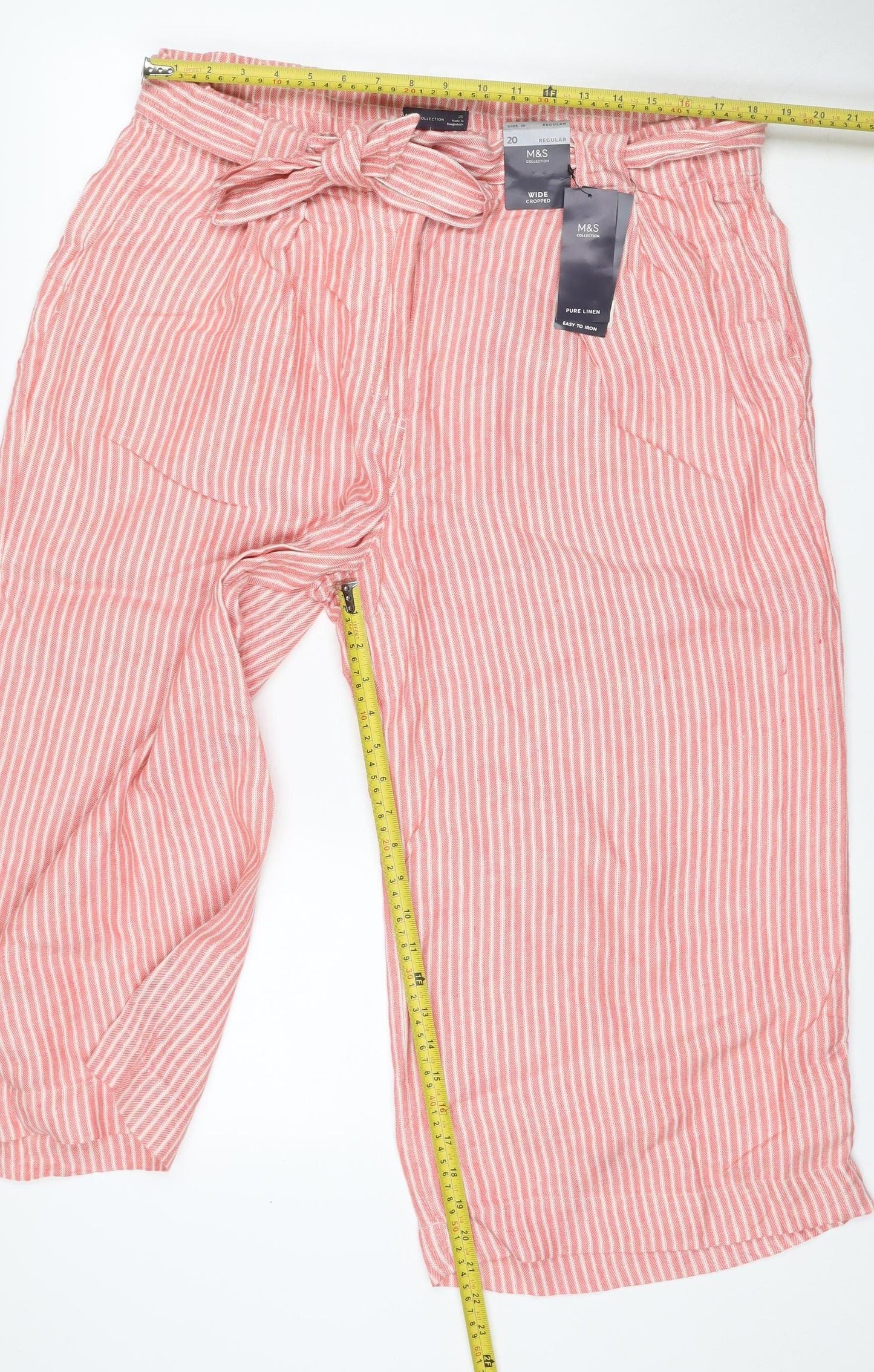 Marks and Spencer Women's Pink Stripe Size 20 Wide Leg Linen Trousers