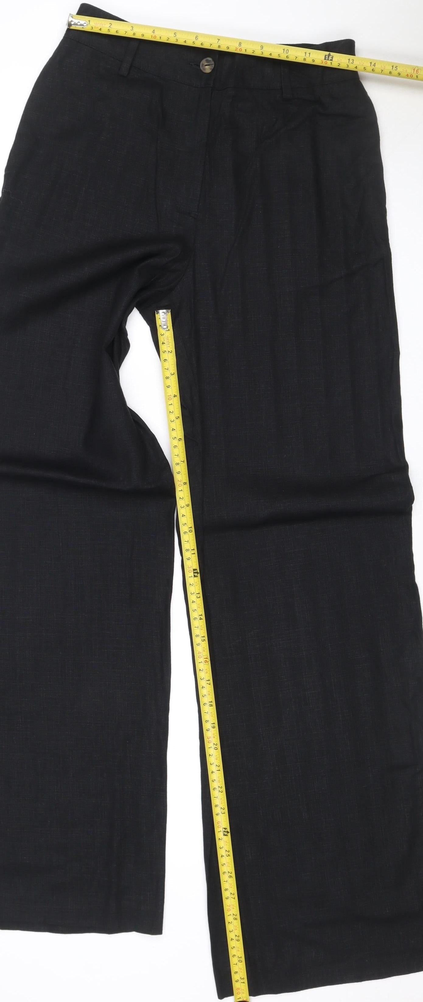 Marks and Spencer Women Black Size 8 Long Linen Blend Straight Trousers