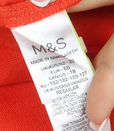 M&S Women Red UK 12 Linen Wide-Leg Cropped Tie Waist Trousers