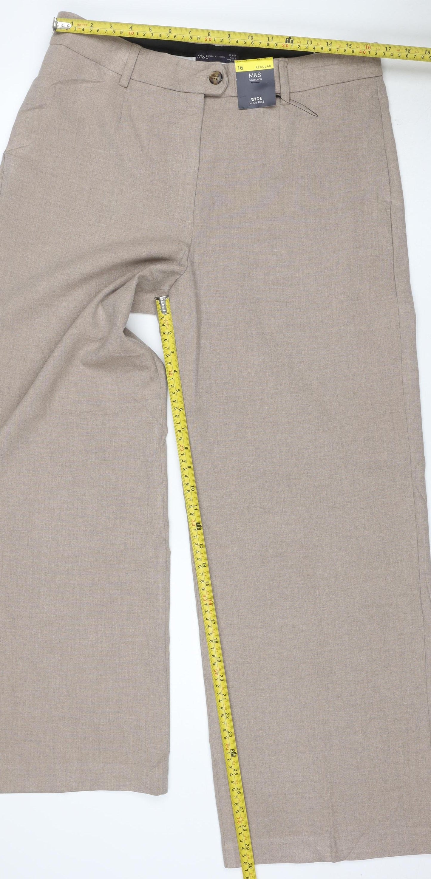 Marks and Spencer Women Beige UK 16 Regular Wide Leg Trousers