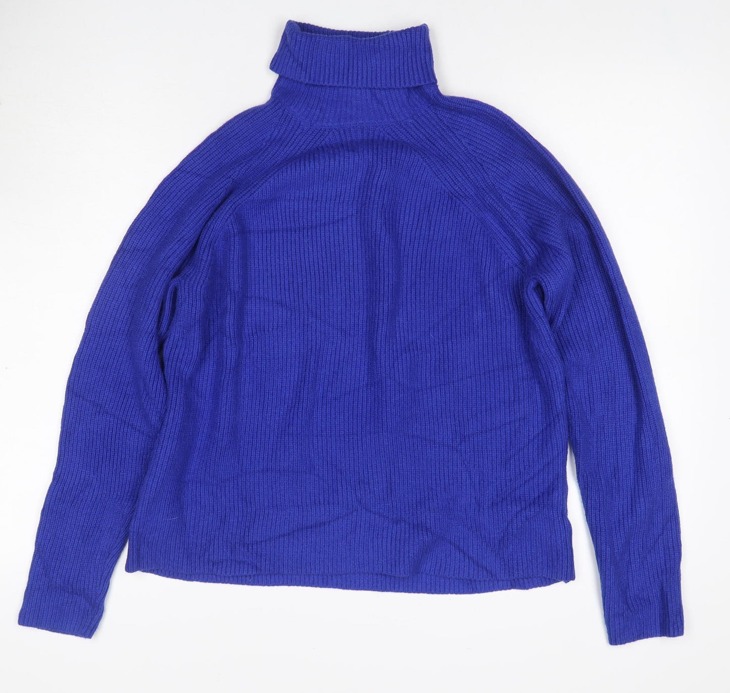 M&S Womens Blue M Roll Neck Cable Knit Raglan Jumper