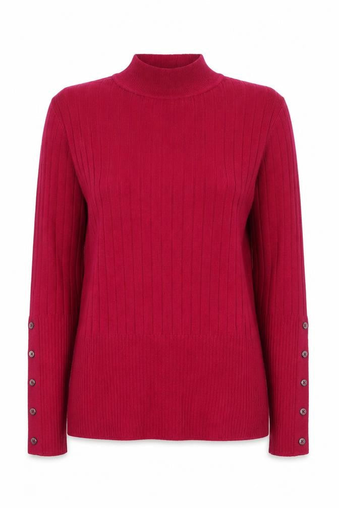 M&S Womens Red UK 10 Ribbed Roll Neck Button Hem Knit Jumper
