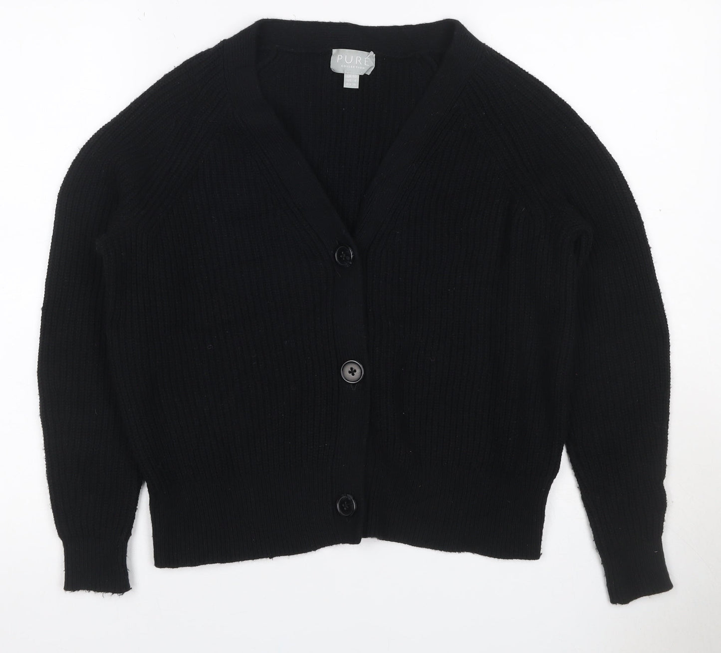 Pure Collection Women Black UK 10 Rib Knit V-Neck Wool Blend Cardigan