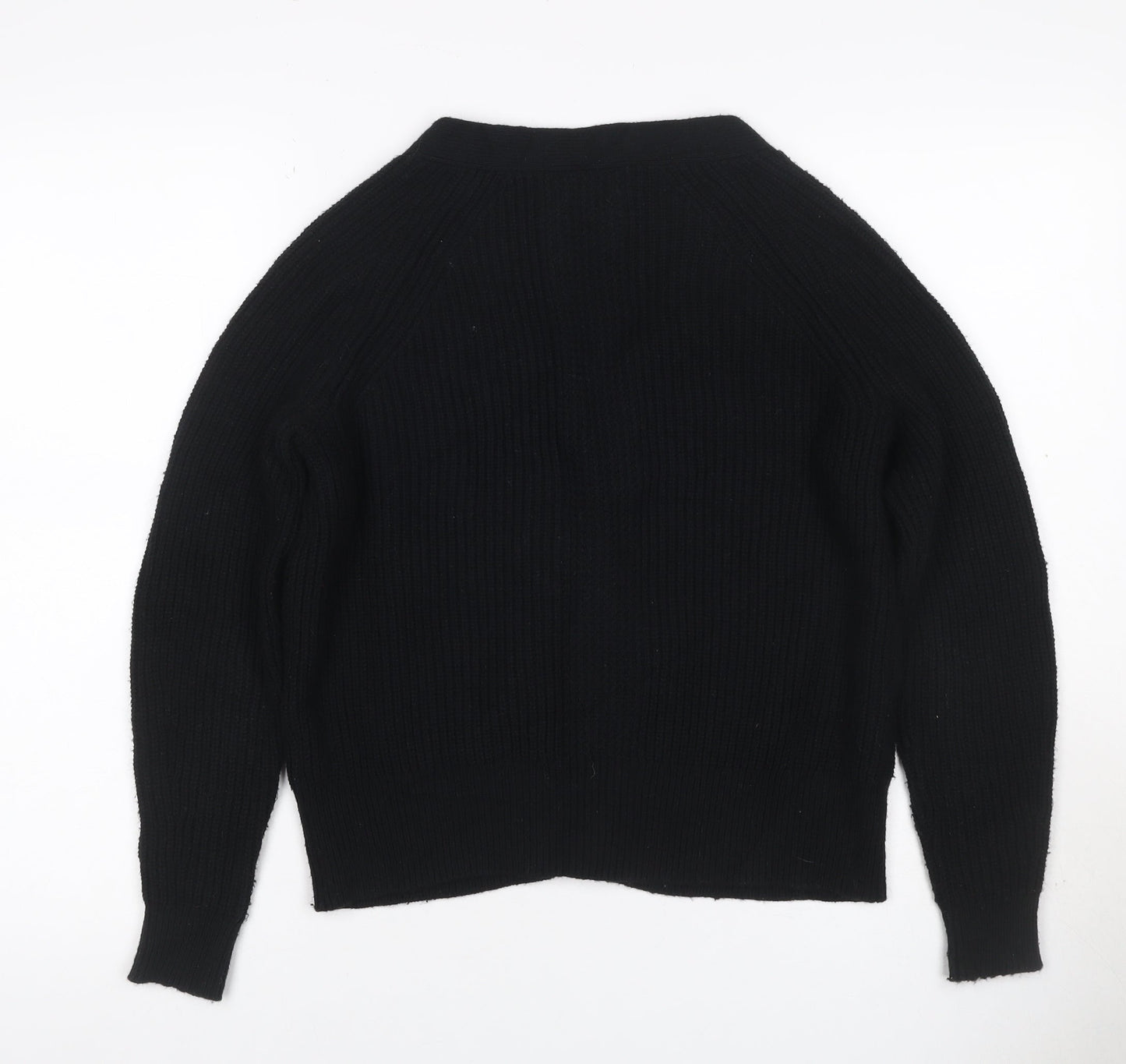 Pure Collection Women Black UK 10 Rib Knit V-Neck Wool Blend Cardigan