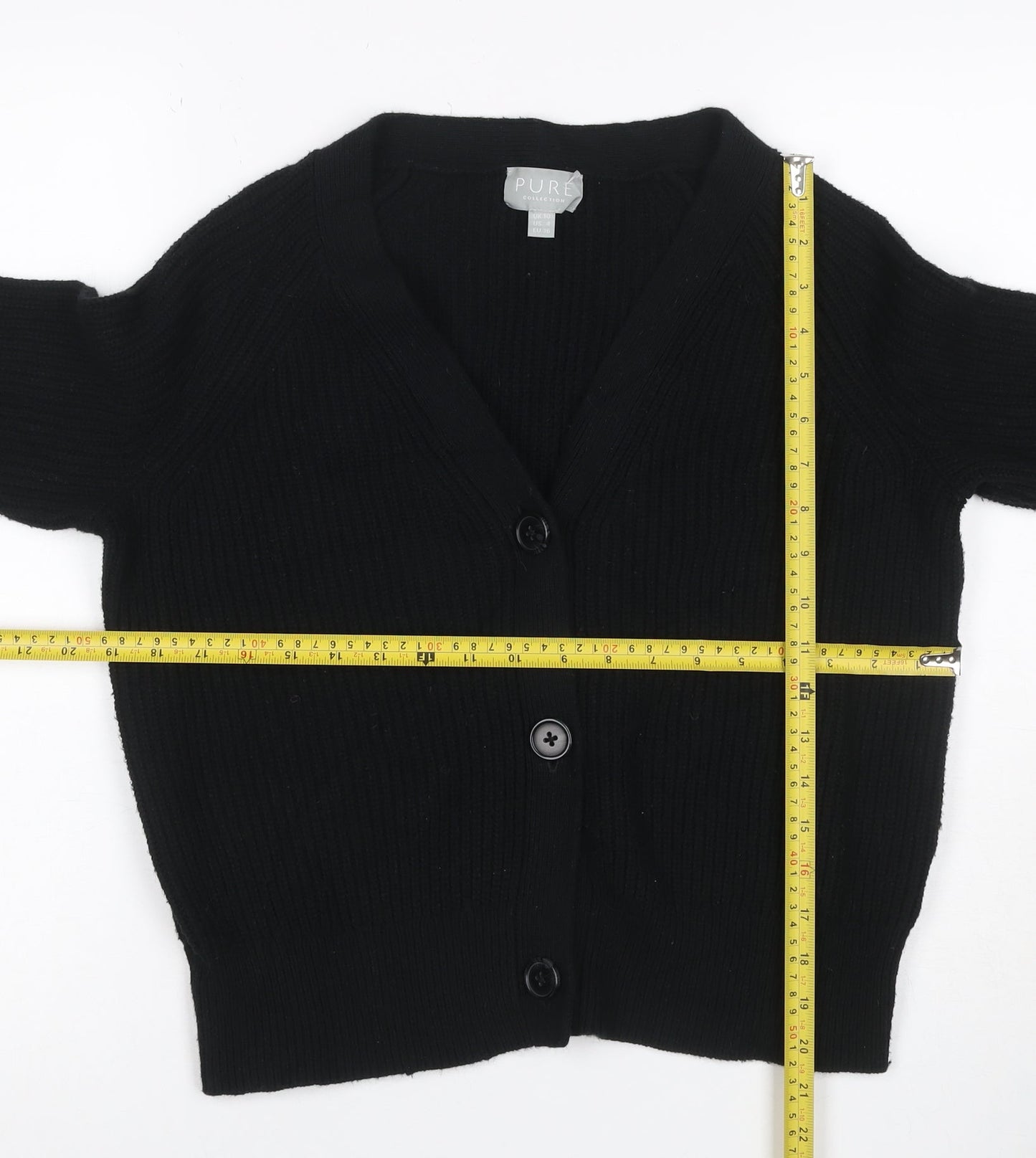 Pure Collection Women Black UK 10 Rib Knit V-Neck Wool Blend Cardigan