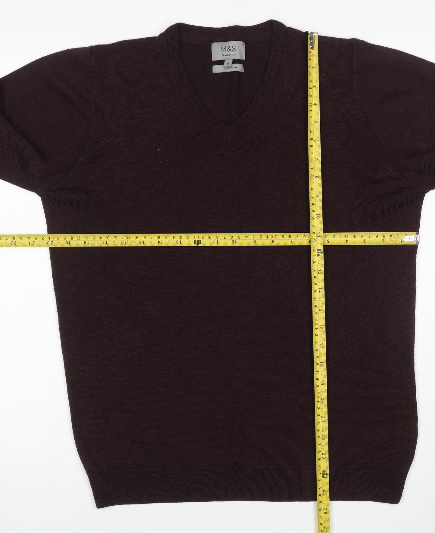 Marks and Spencer Men Brown M V-Neck Cashmilon Acrylic Knit Pullover Jumper