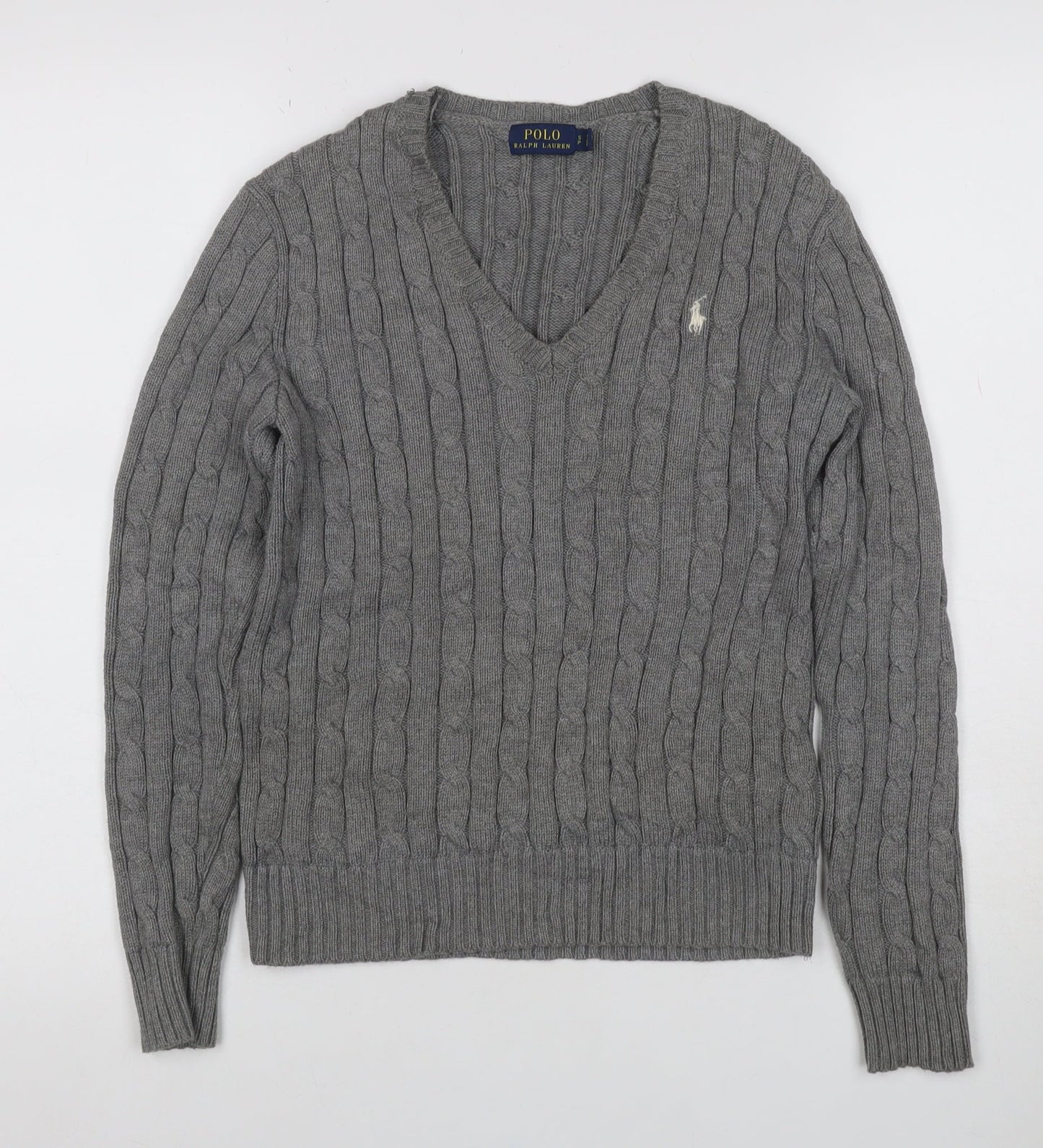 Polo Ralph Lauren Women Grey S Cable Knit V-Neck Cotton Jumper
