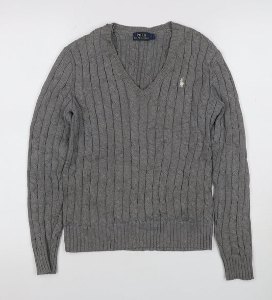 Polo Ralph Lauren Women Grey S Cable Knit V-Neck Cotton Jumper
