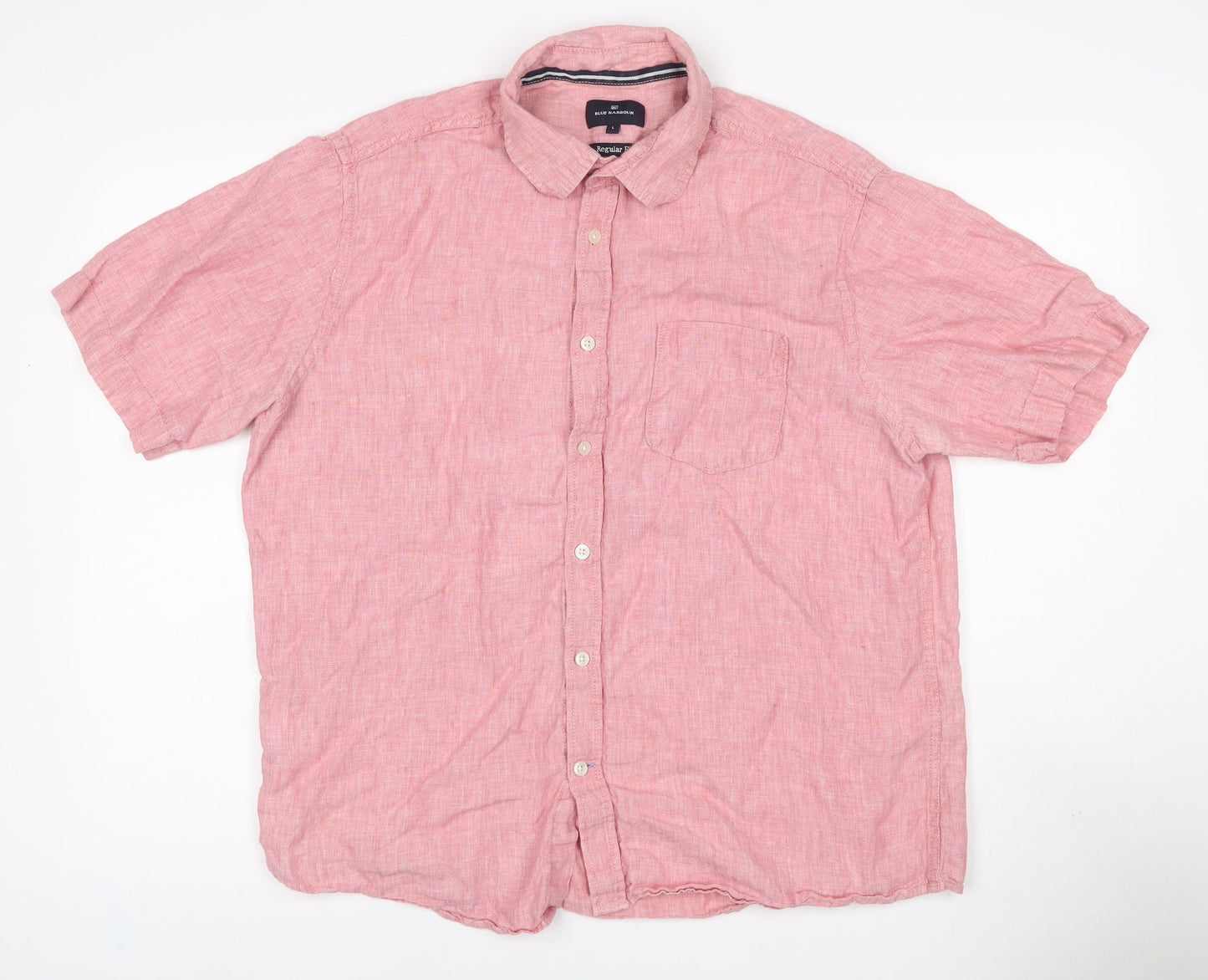 Blue Harbour Men Pink Linen Shirt L Regular Fit Short Sleeve