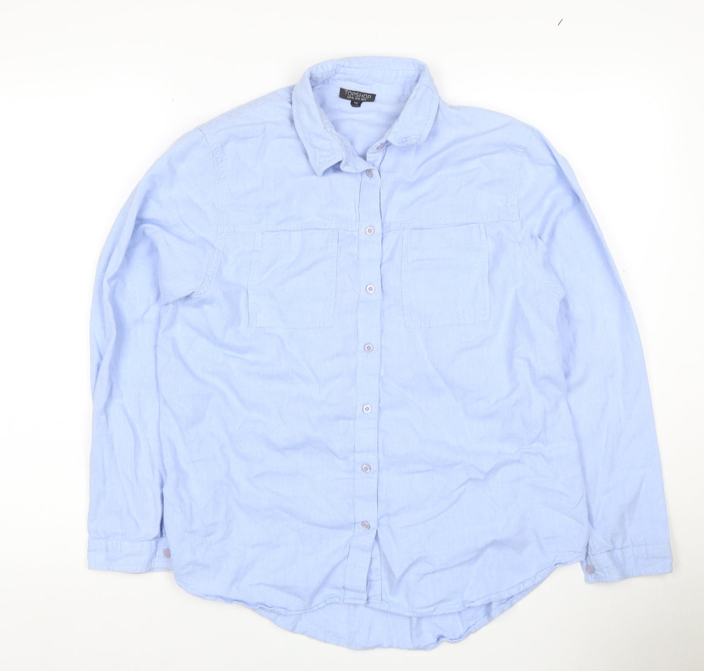 Topshop Women Blue UK 14 Cotton Collared Long Sleeve Button-Up Shirt