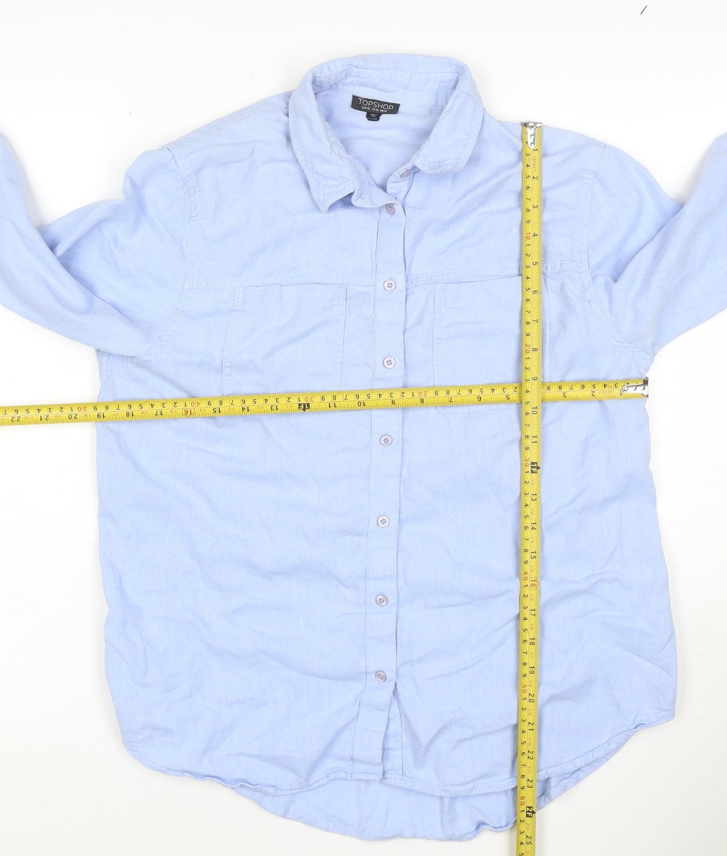 Topshop Women Blue UK 14 Cotton Collared Long Sleeve Button-Up Shirt