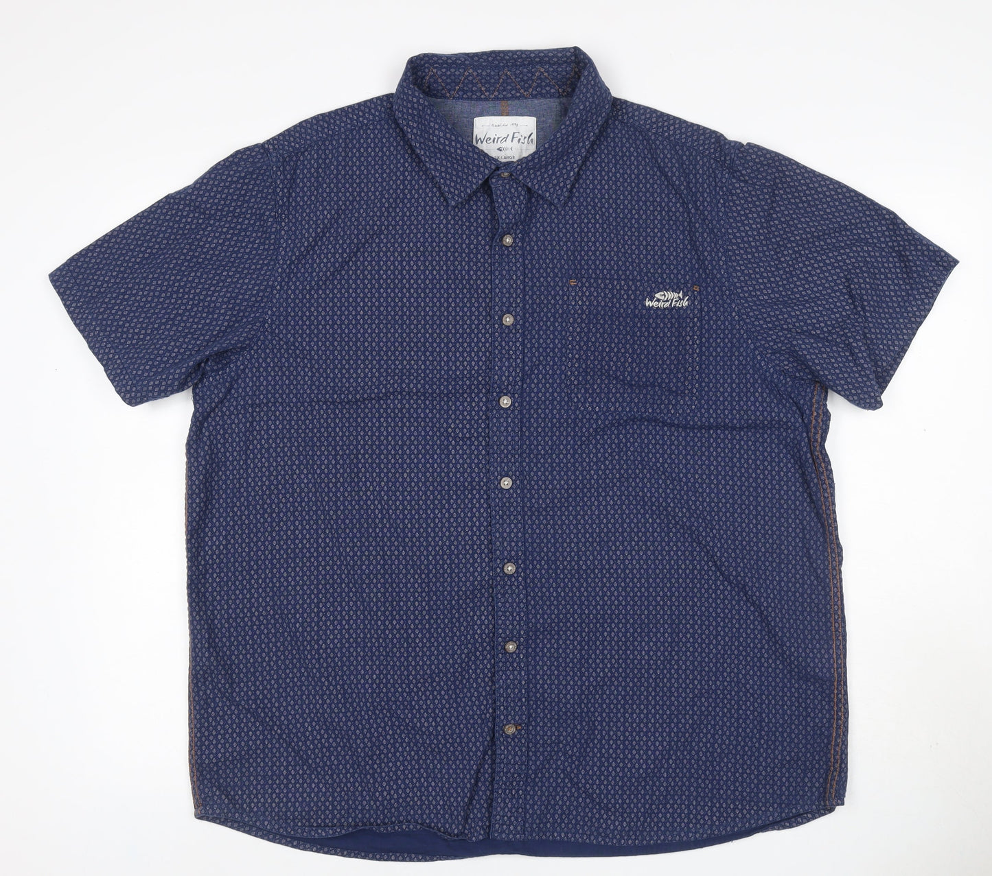 Weird Fish Men’s Blue XL Geometric Cotton Short Sleeve Button-Up Shirt