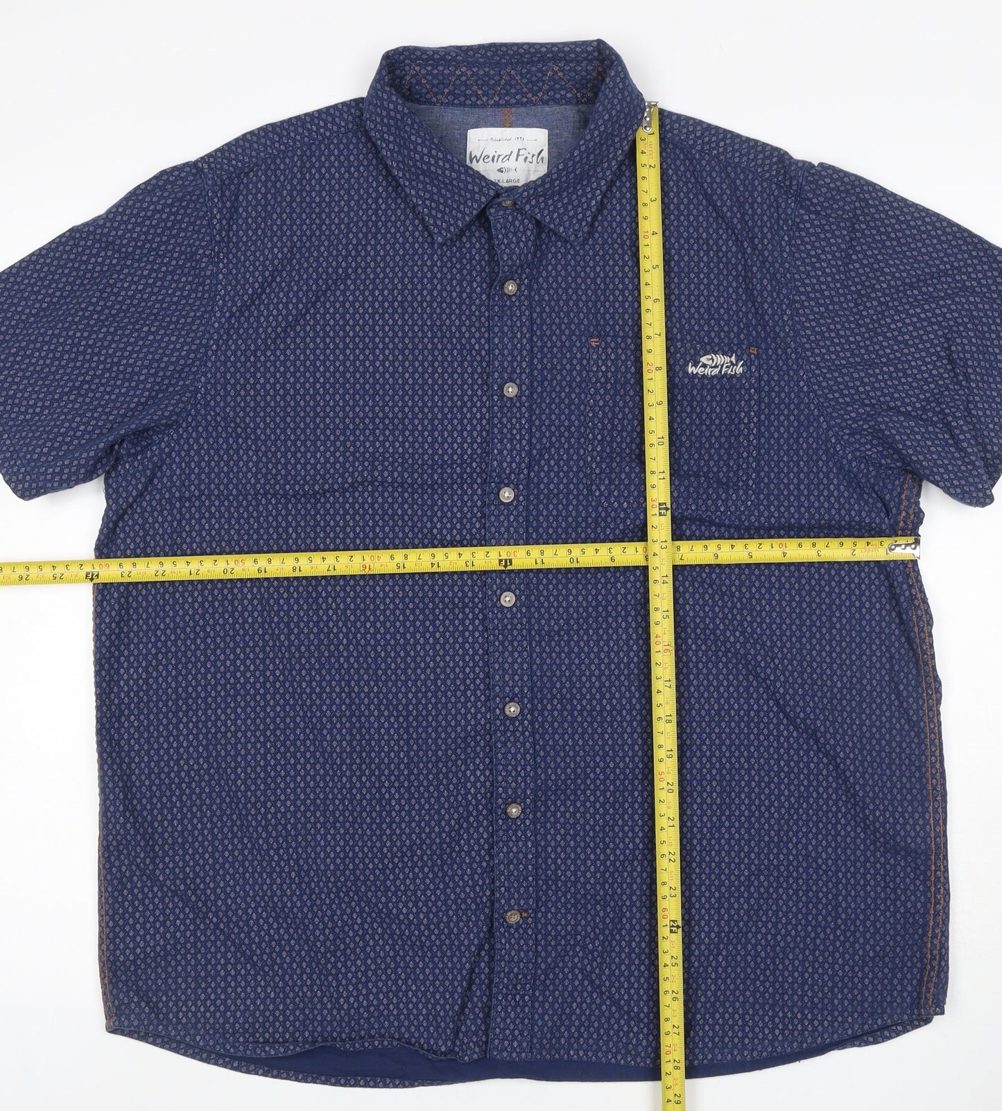 Weird Fish Men’s Blue XL Geometric Cotton Short Sleeve Button-Up Shirt