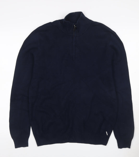 Superdry Men Blue L 1/4 Zip High Neck Knit Jumper