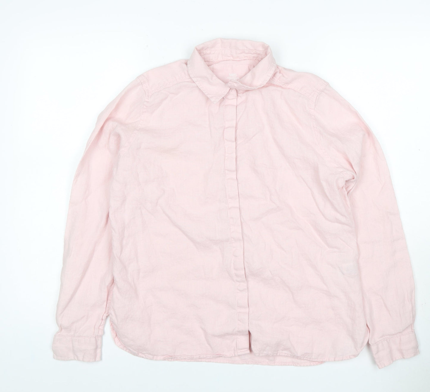 Marks and Spencer Women Pink UK 12 Pure Linen Collared Button-Up Shirt