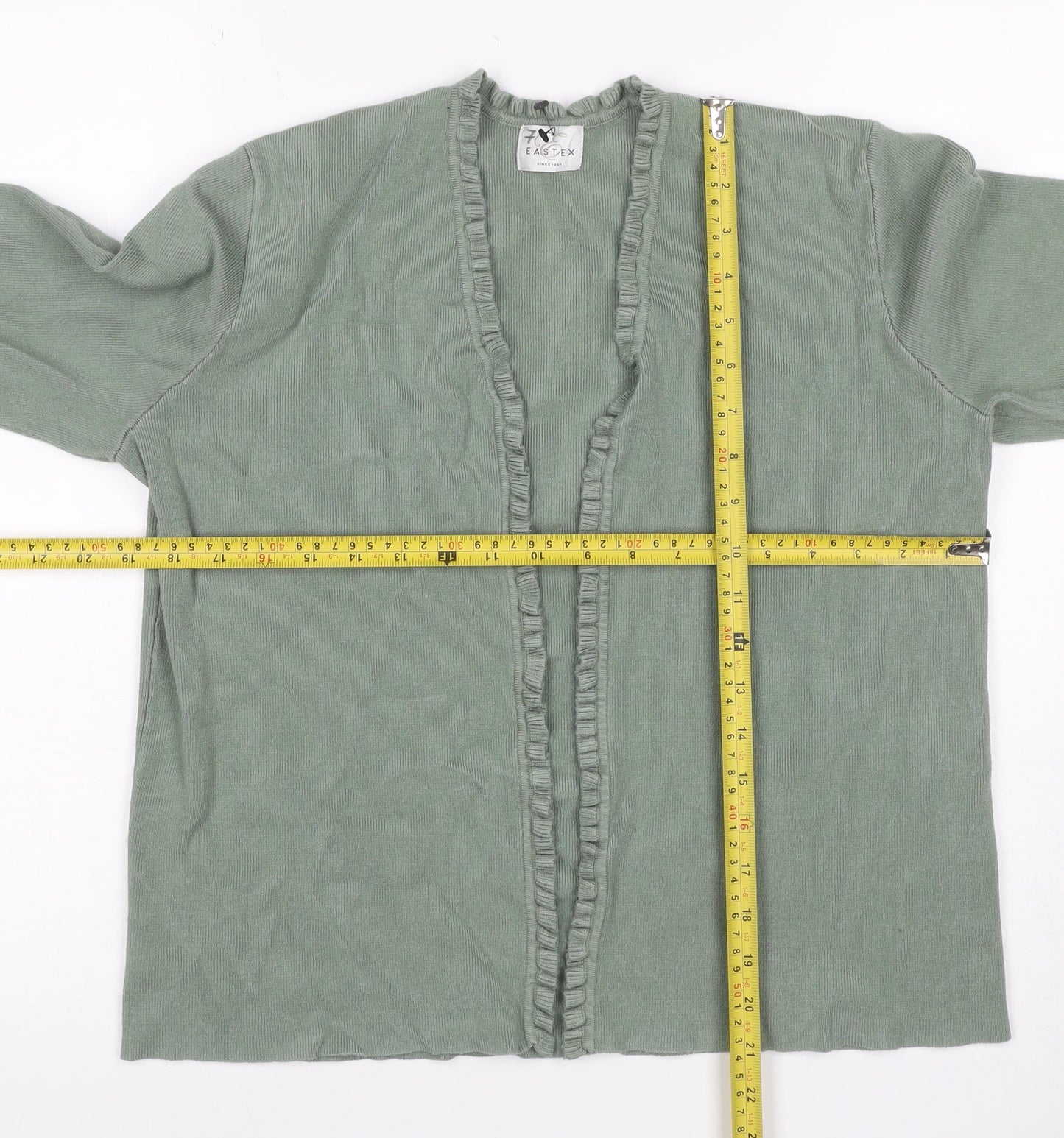 Eastex Women Green UK 14 Open Ruffle V-Neck Long Sleeve Cardigan