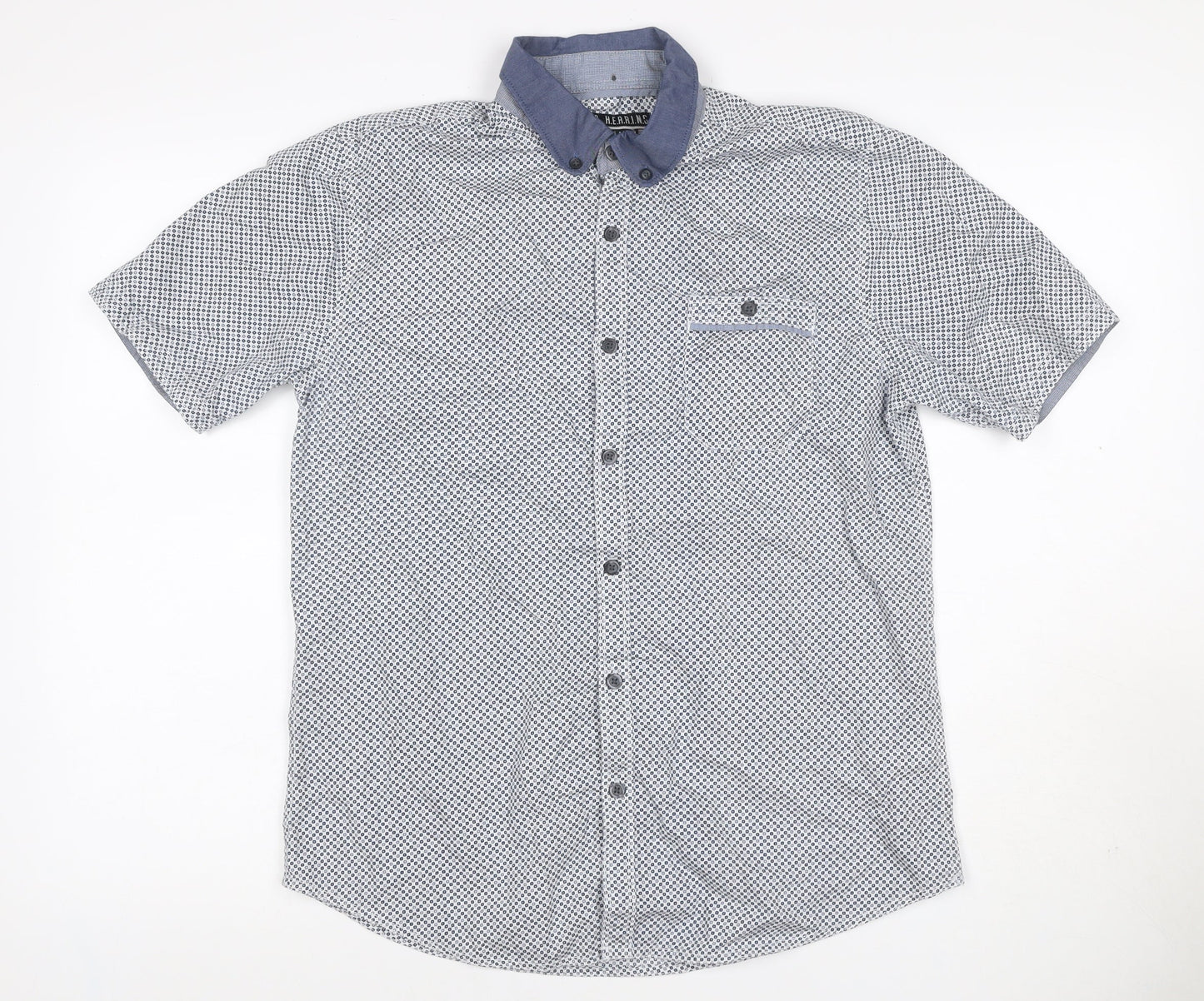Red Herring Men's Blue White Geometric Shirt M Short Sleeve Button-Up