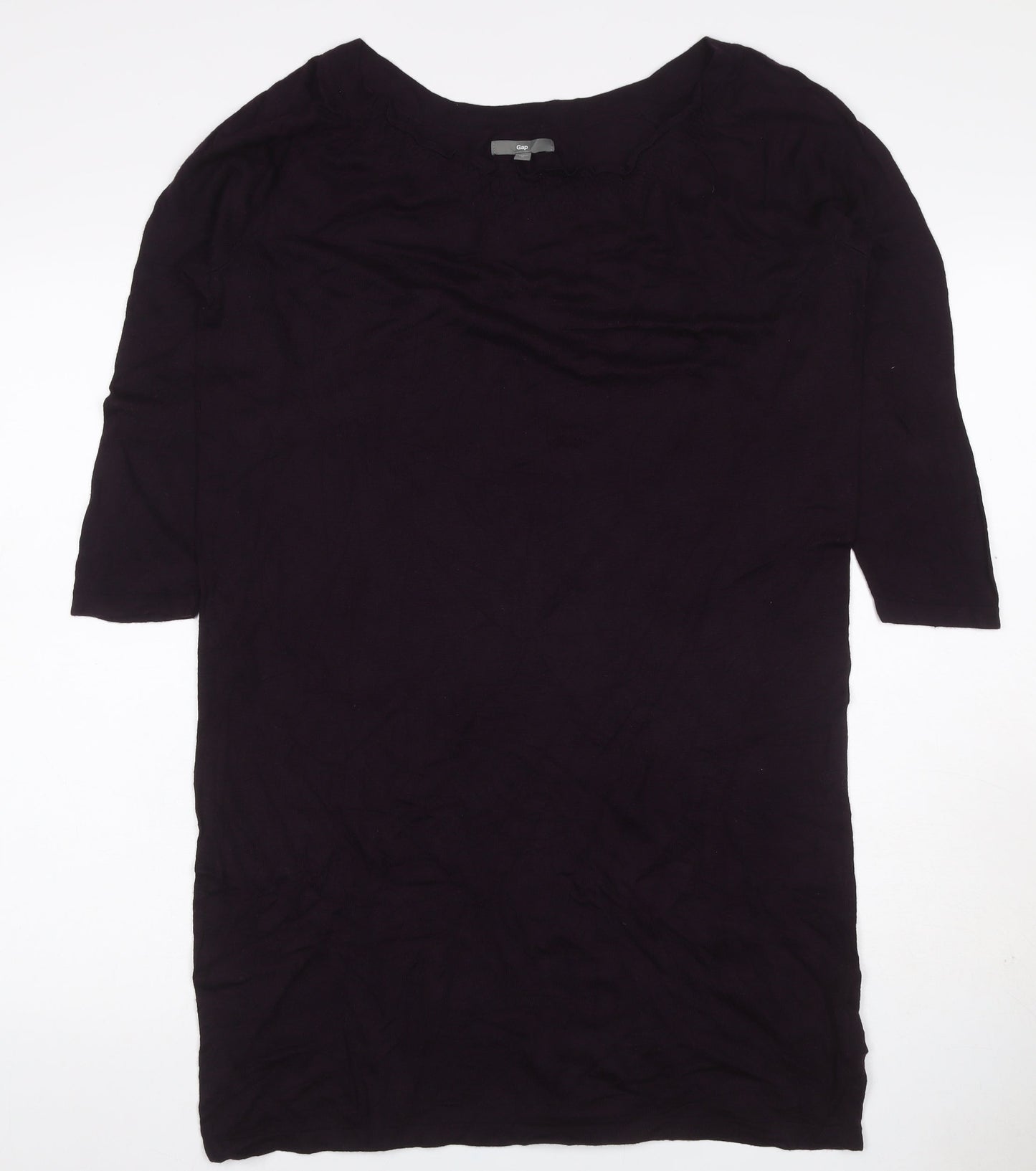 Gap Women Black M Jersey Knee Length Shift Dress 3/4 Sleeve Ruffle
