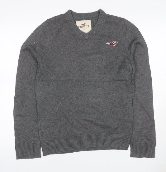 Hollister Men's Grey L V-Neck Logo Cotton Blend Pullover Jumper