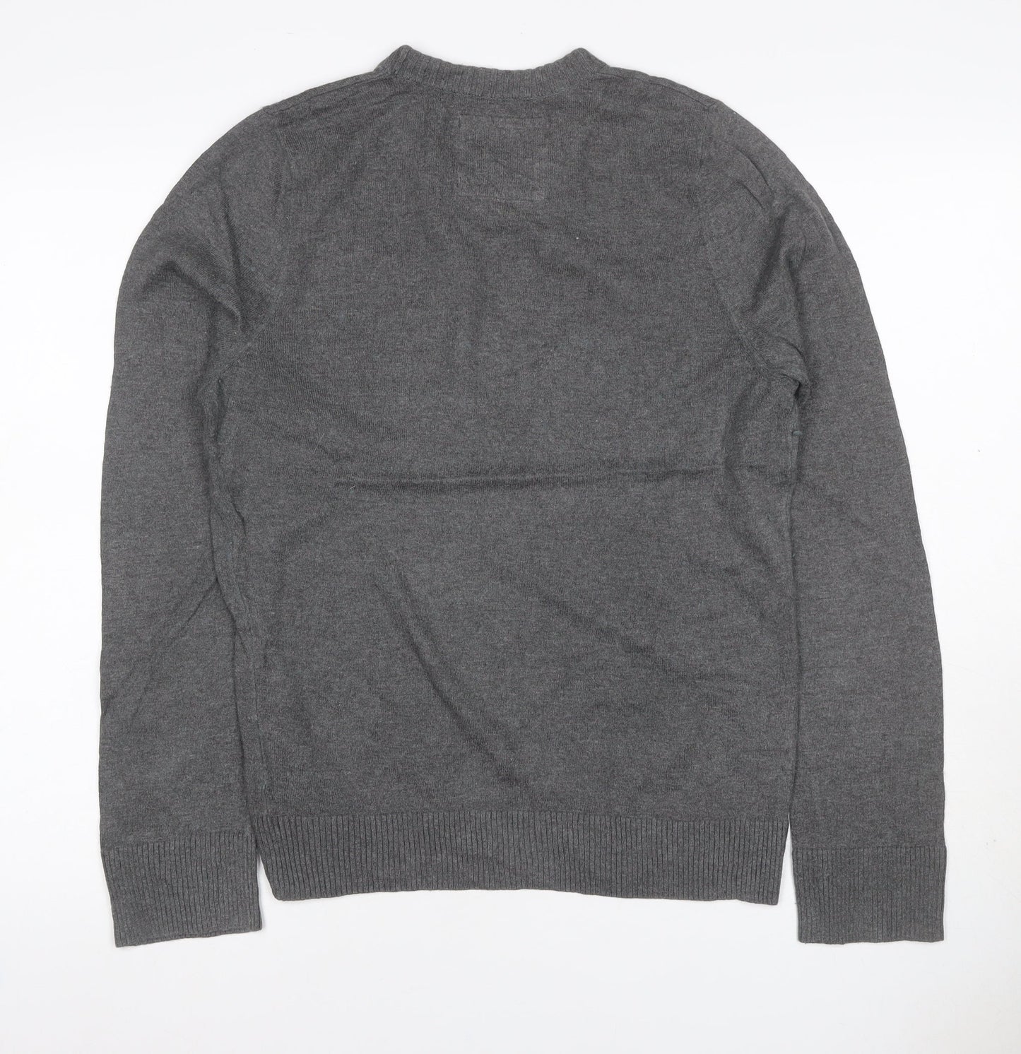Hollister Men's Grey L V-Neck Logo Cotton Blend Pullover Jumper