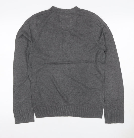 Hollister Men's Grey L V-Neck Logo Cotton Blend Pullover Jumper