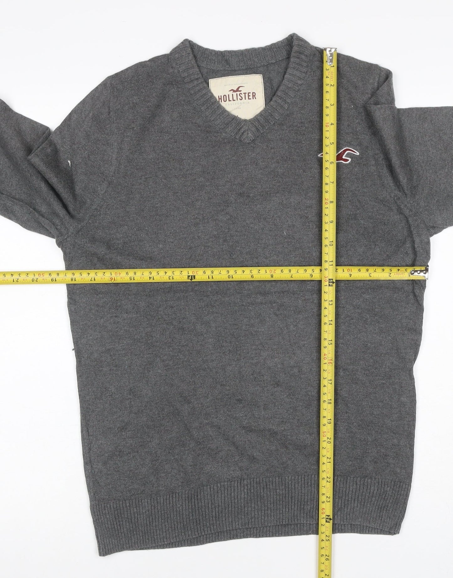 Hollister Men's Grey L V-Neck Logo Cotton Blend Pullover Jumper