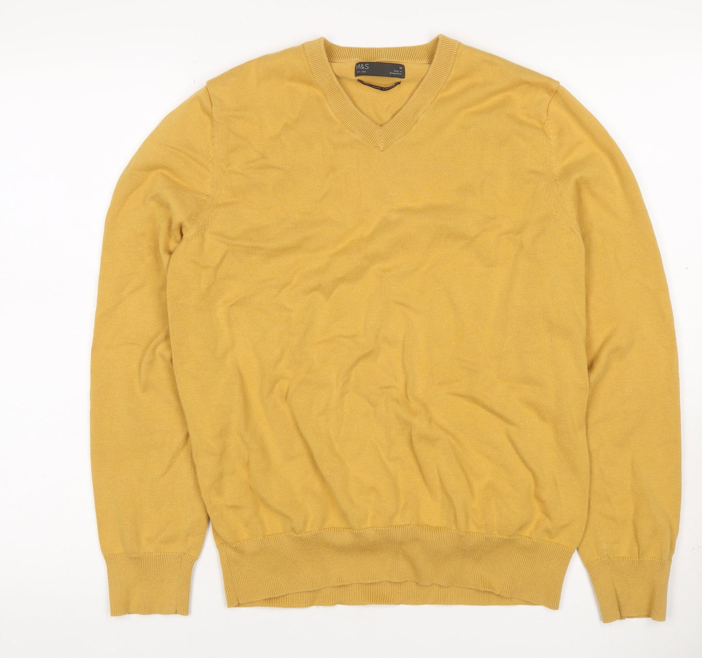 Marks and Spencer Men Yellow M V-Neck Pure Cotton Pullover Jumper