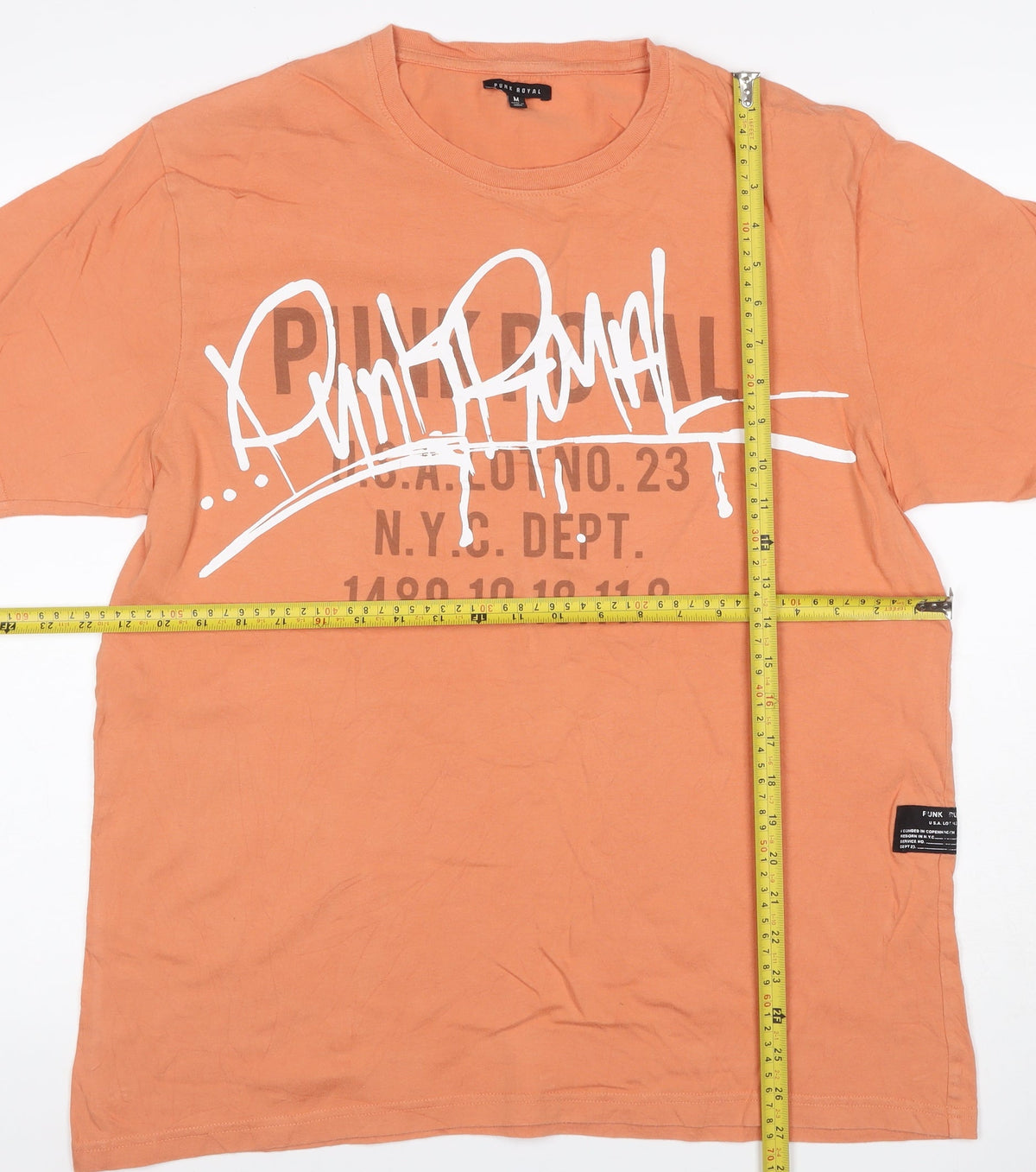 Brand and care label for Punk Royal Men's Orange M Graphic Print Crew Neck Short Sleeve T-Shirt